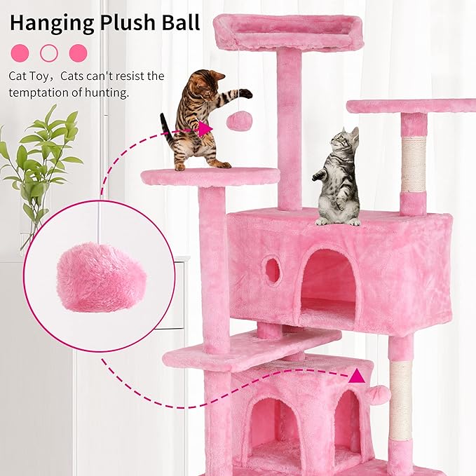 BLKMTY Cat Tree 54" Tall Cats Tower Large Cat Condo Climber Cats Climbing Stand with Top Perches Playhouse and Climbing Ladder Kitty Activity Tree w/Scratching Post Toys, Pink
