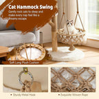 PETSITE 48.5 Inches Wood Cat Tree, Multi-Level White Modern Cat Tree with Hanging Basket, Solid Natural Peer Wood Post Wrapped with Jute Ropes, Soft Long Plush Covered Perches and Base