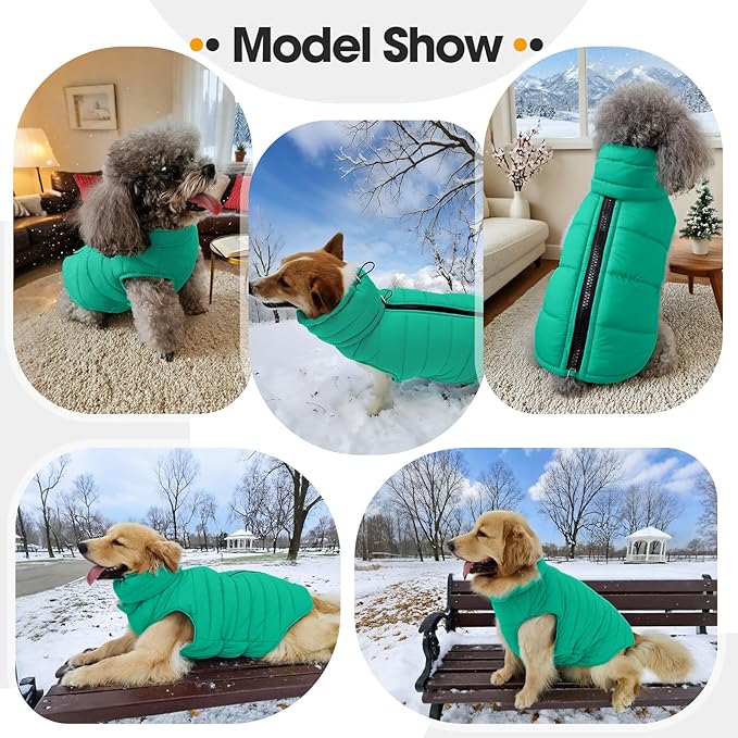 Dog Coat for Large Dogs, Dogs Snow Jacket with Back Zipper, Winter Warm Dog Puffer Vest with Detachable Neck Wrap, Winter Pet Clothes Elastic Band on Chest for Springer, Dalmatian, Green L