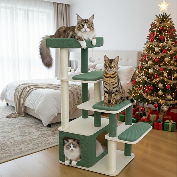 Modern Wood Cat Tree Tower for Large Cats - 43.5" Indoor Wooden Cat Condo with Sisal Scratching Posts, Washable Cushions, Large Top Perch & Easy Climb Steps for Elderly/Short-Legged Cats Multi-Cat Use