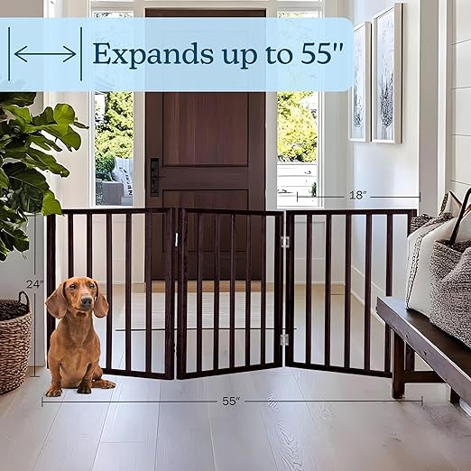 3-Panel Indoor Foldable Dog Fence for Stairs, Hallways, or Doorways - 54x24-Inch Wood Freestanding Dog Gates by PETMAKER (Brown)