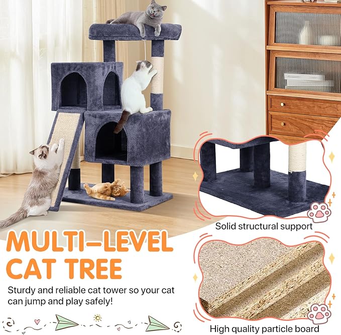 Cat Tree 36-Inch Cat Tower with Scratching Post Multi-Level Cats Condo with Ramp,Large Perch,Dangling Ball,Pet Play Tower for Kittens & Adult Cats(Dark Grey)
