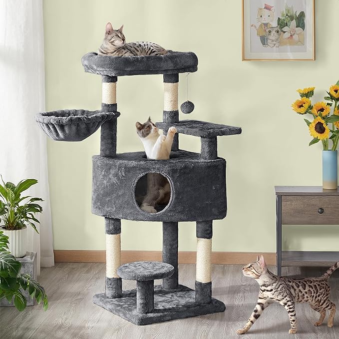 Topeakmart 46'' Cat Tree Cat Tower, with Thicker Scratching Posts, Larger Plush Perch, Spacious Condo, Basket, Multi-Level Cat Condo Furniture for Indoor Cats Kitty Pet Play House