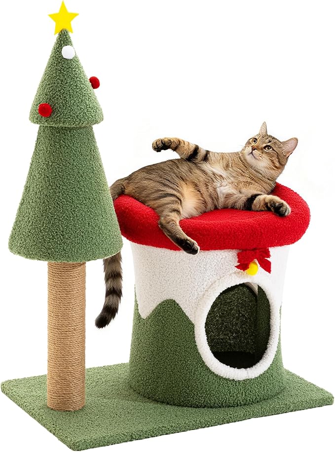 AQUILLA 29.7in Christmas Cat Tree Tower for Indoor Cats, Multi-Level Cat Condo with Sisal Scratching Posts, Cozy Hideaway & Top Perch, Red & Green Holiday Pet Play House for Small Cats and Kittens