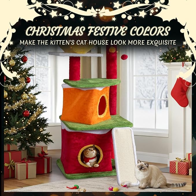 VINGLI 48.5IN Christmas Themed Plush Cat Tree, Multi-Level Cat Tower with 2 Cat Condos, Top Reindeer Antler Perch, Sisal Ramp Scratching Board & Posts, Large Indoor Cat Tree Activity Center Kittens