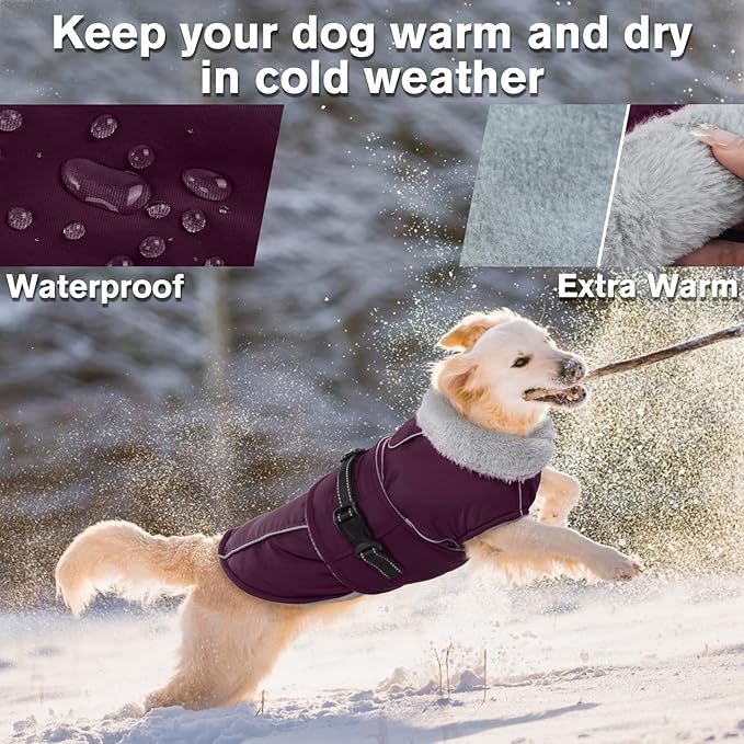 Lelepet Warm Dog Coat Waterproof Dog Jacket for Large Dogs Reflective Fleece Vest with Adjustable Buckle Hook & Loop Windproof Cold Weather Coats for Small Medium Large Dogs, Dark Purple, L