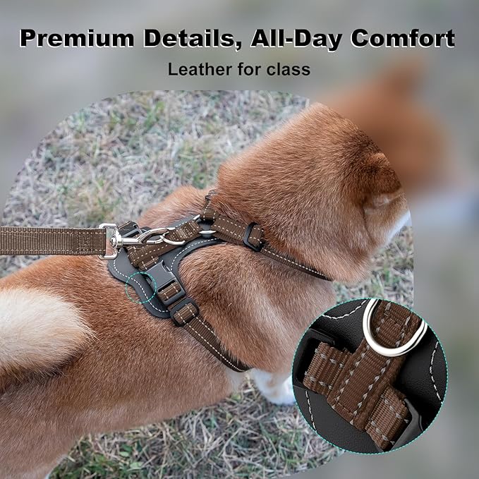 Plutus Pet Adjustable No Pull Dog Harness with Leather Accents, Heavy Duty Reflective Nylon Vest for Training, Hiking, Easy Walk Harness for Small, Medium, Large Dogs (Chocolate, L)