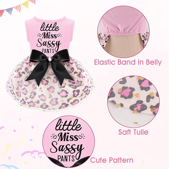 Little Miss Sassy Pants Dog Dress with Leopard Print Bowknot Dog Clothes for Small Medium Large Dogs Girls Boys Cats Outfit Apparel