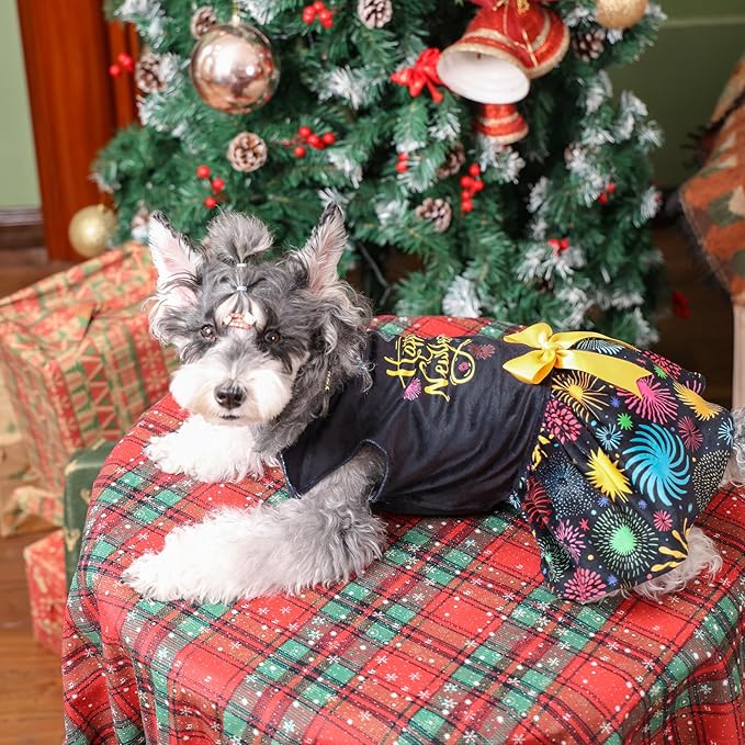 CuteBone Happy New Year Dog Dresses Velvet Holiday Small Dogs Clothes Onesie Pet Apparel Girl Puppy Skirt with Bow Hair Rope CVA56L-D
