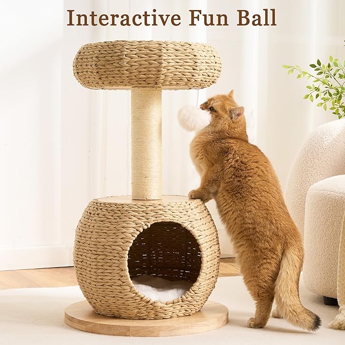 Modern Solid Wood Cat Tree Tower for Indoor Cats Large Adult, 30 inch Corner Small Cat Tree with Handmade Rattan Cat Bed, Luxury Aesthetic Cat Tree with Rattan Cave, Scratching Post