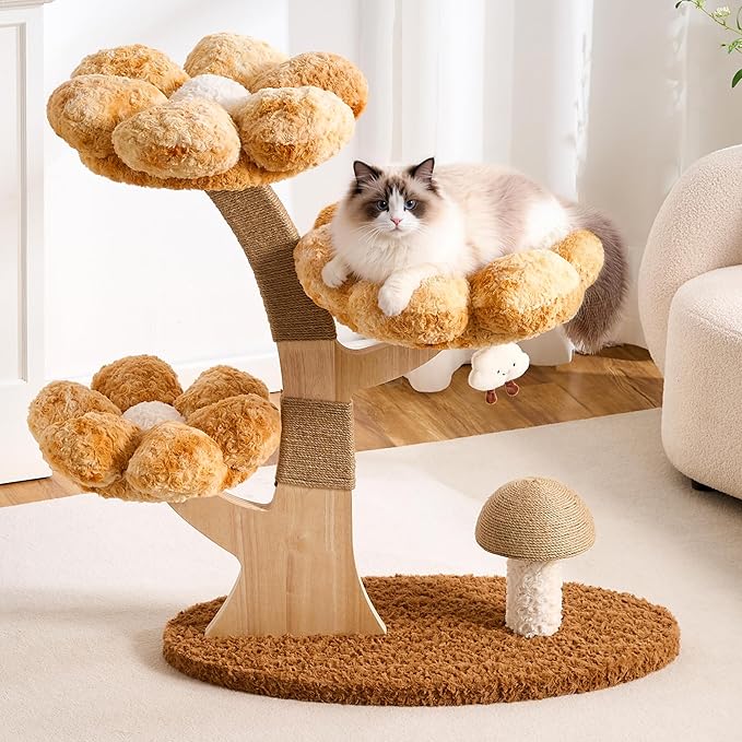 Aesthetic Flower Cat Tree Tower for Indoor Cats, 37" H Modern Cat Tree with Wood Sculpted Branch Scratching Post, Washable Flower Cat Beds, Mushroom Scratcher & Interactive Squeaky Toy, Brown