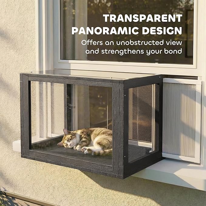 PawHut Cat Window Box Catio, Outdoor Indoor Cat Enclosure with Clear Panels, Universal Window Perch for Wall 25"–41", Catio for Indoor Pet Sunbathing, Napping & Overlooking