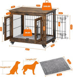 Dog Crate Furniture with Cushion Set of 2, Wooden Dog Kennel Indoor with Double Doors, Dog Cage with Wheels, Dog House Side End Table for Small Dogs up to 30 lb, 27.2" L, Rustic Brown