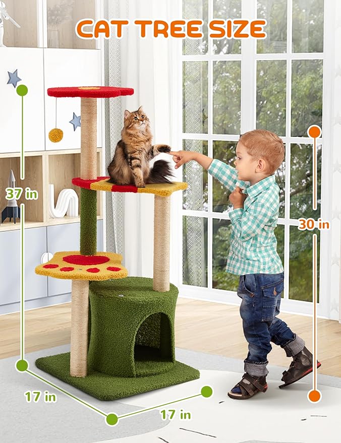 37in Cute Cat Tree Kitten Cat Tower for Indoor Cat Condo Sisal Scratching Posts with Jump Platform Cat Furniture Activity Center
