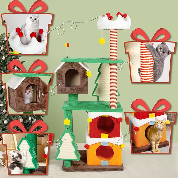 KAMABOKO Christmas Cat Tree Cat Tower with Cat Condos, 68.9" Multi-Level Top Perches, Sisal Ramp Scratching Posts, Cozy Basket, Hammocks, Large Cats Pet Activity Structure