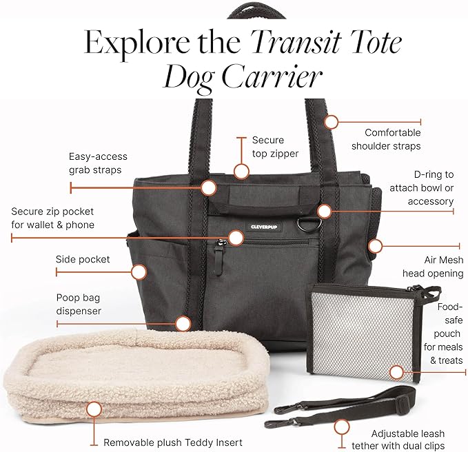 Cleverpup Transit Tote Dog Carrier for Small Dogs up to 8 lbs, 16x11x8 Soft-Sided 4-Pc Set with Waterproof Base, Plush Insert, Food Pouch, Mesh Head Opening - Small, Graphite Graphite