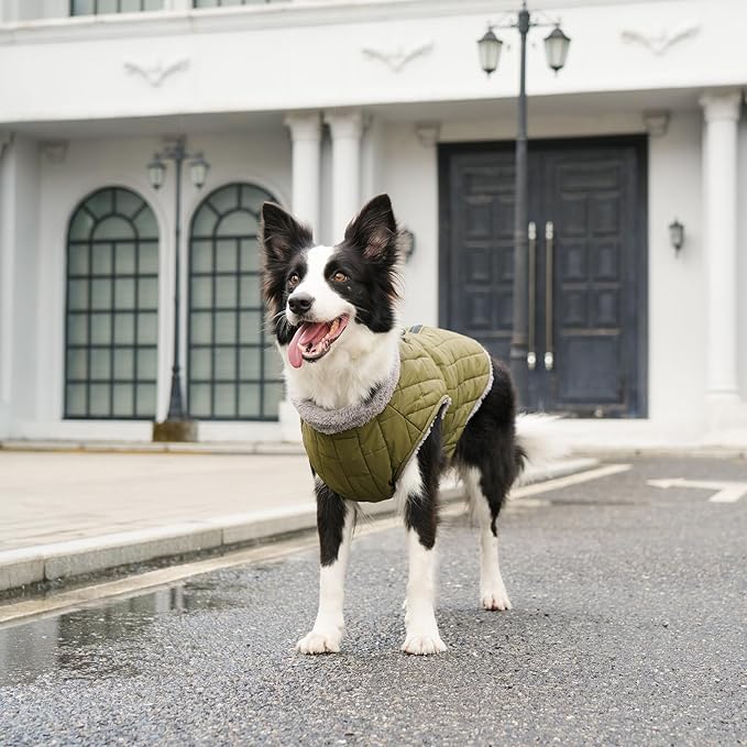 Warm Fleece Dog Coats with Durable Harness Buitl in D-Ring,Waterproof Doggie Jacket for Large Dogs,Dog Vest for Cold Winter,Green XXXL
