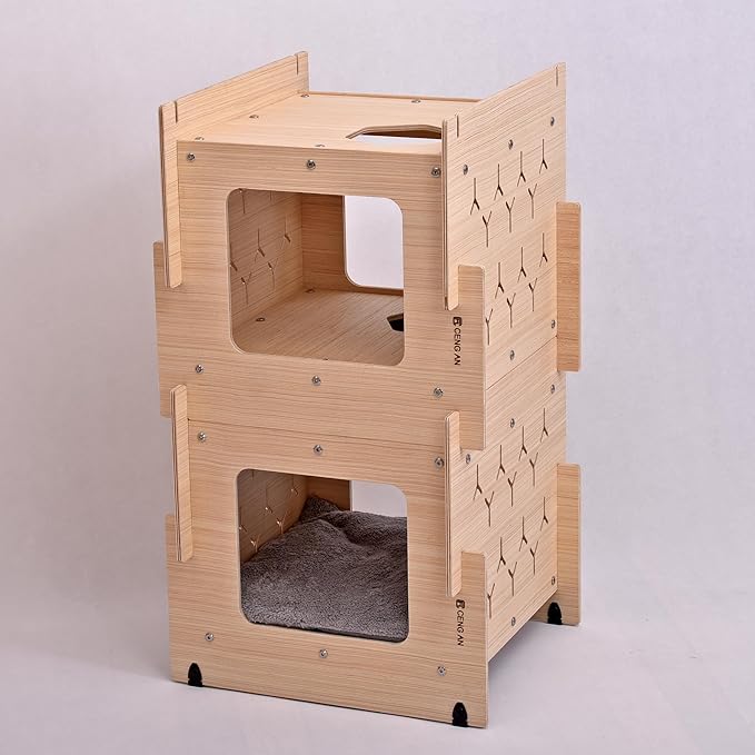 Wooden Cat Condo with Cushion, Cat Bed, Natural Wood Cat Tower with Scratching Post, Multi-Level Cat Tree House for Cats (CB-001-D)