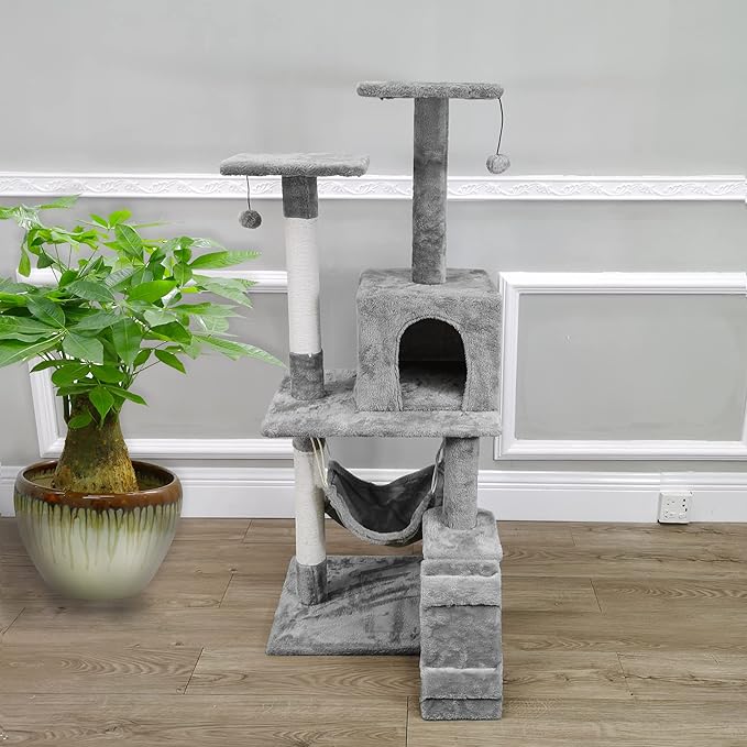 FixtureDisplays® 19.7X23X49" Cat Tree Condo Furniture with Sisal-Covered Scratching Posts, Plush Condo, 2 Platforms, Perch Hammock for Kittens, Cats and Pets Light Gray 12240-NF