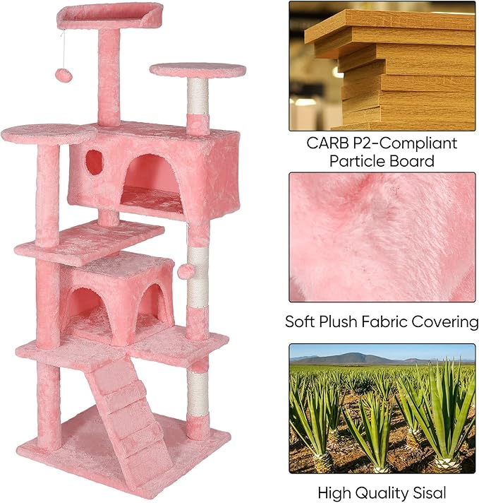Multi-Level Cat Tree Tower with Condos, 54" Tall Cat Activity Center with Plush Perches and Toys, Space Saving Pet Playhouse for Kittens and Cats (Pink)