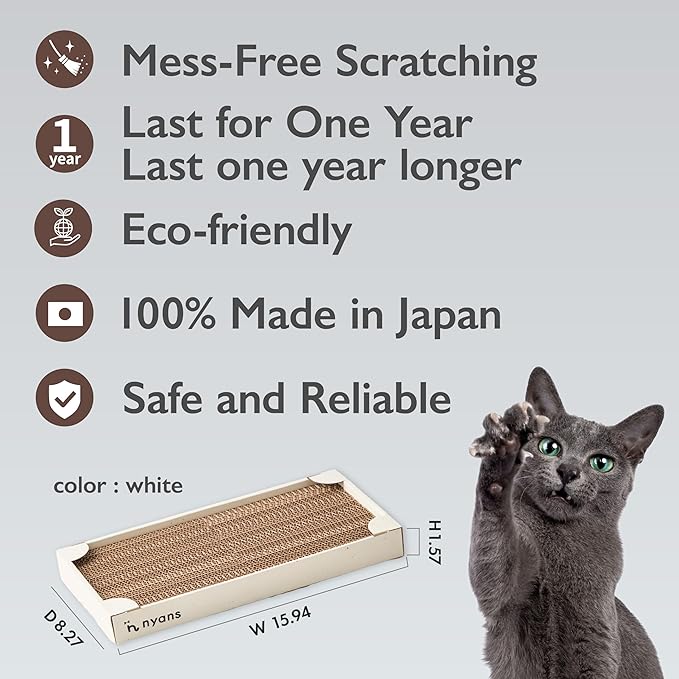 nyans Handcrafted Japanese Cardboard Cat Scratcher, Premium Low-Mess Corrugated Scratcher Box, Minimal Design for Indoor Cats, Helps Protect Furniture, 15.9 in (Box) (White)