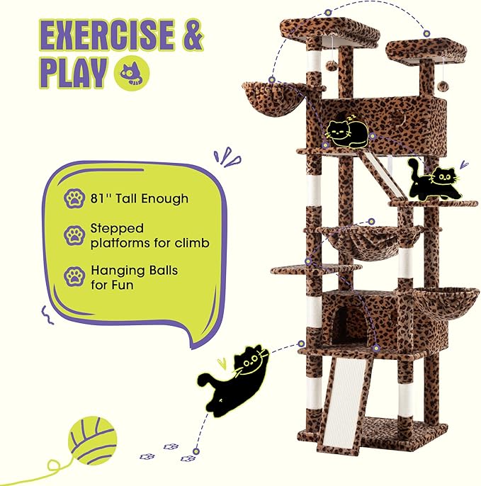 WEEWAY Cat Tree Tower for Indoor Cats,81'' Multi-Level Cat Furniture Activity Center,Stand House Condo Cave,Sisal Scratching Posts Ramps,Plush Perches Platforms Basket Hammock,Leopard Print