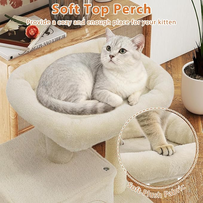 DORTALA Small Cat Tree, Cat Tower with Condo, Top Perch, Sisal Scratching Post & Hanging Ball, Pet Furniture Activity Center for Indoor Kittens Playing (Beige)