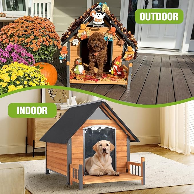 GUTINNEEN Heated Outdoor Dog House Insulated Weatherproof Dog Kennel with All-Around Metal Frame, Anti-Bite Puppy Home with Porch, Dog Shelter for Large Breed (Brown, 50.9'' Large)