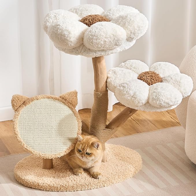 797Audio Natural Wood Flower Cat Tree, Modern Cat Tower with Real Solid Wood Branch, Luxury Aesthetic Cat Tree with Scratching Post, Scratch Pad, Cat Tree Tower for Indoor Large Adult Cats,Cloud White