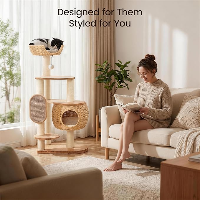 Modern Cat Tree，Cat Tower with Scratching Post, Handwoven Pumpkin Nests and Baskets,Sisal Blanket