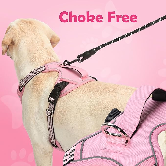 Funfox Dog Harness No Pull, Adjustable Pet Vest Harness, Super Soft Material with Vertical Handle Easy Control, Reflective Night Walking, 2 Leash Clips for XLarge Dogs, Pink, XL