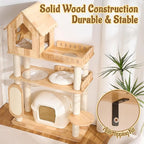 58" Tall&Wide Solid Wood Cat Tree Tower for Indoor Cats, Modern Cat Tree Open-Style Cat Villa Condo with Scratching Posts & Board, Cat Beds, Multi-Level Cat Furniture with Space for Litter Box