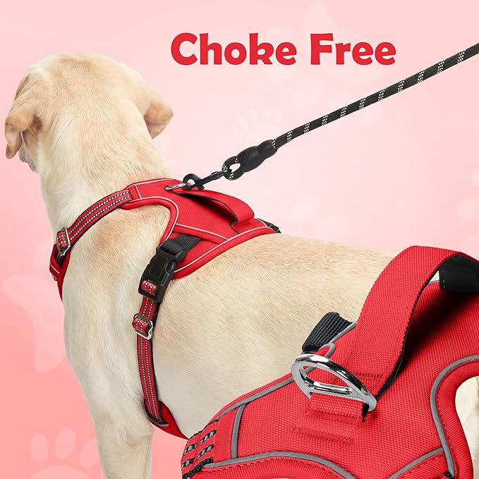 Funfox Dog Harness No Pull, Adjustable Pet Vest Harness, Super Soft Material with Vertical Handle Easy Control, Reflective Night Walking, 2 Leash Clips for Large Dogs, Red, L