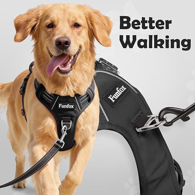 Funfox Dog Harness Small Sized Dog, Vertical Handle Easy Control, No Pull Pet Vest Adjustable with 2 Leash Clips, Soft Material, Reflective Safe Night Walking for Small Medium Large Breed, Black, S