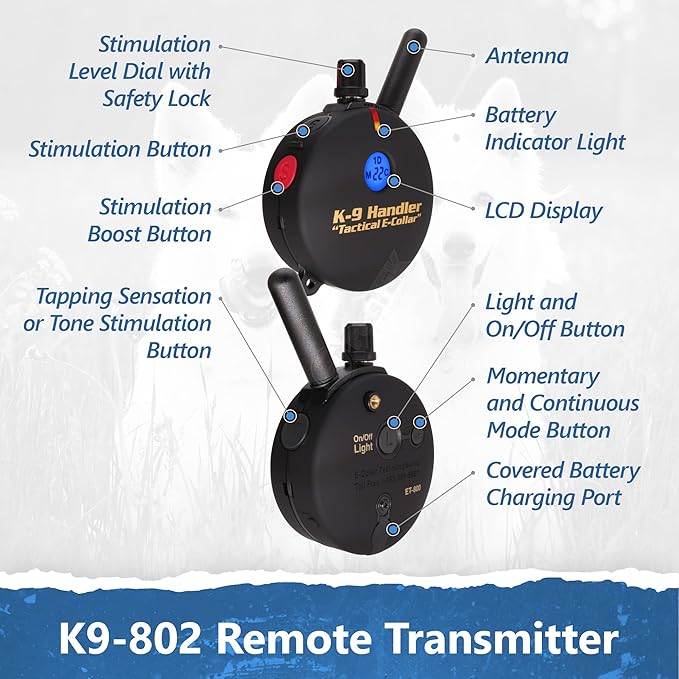 Educator K9-802 Two Dogs K9 Handler Professional E-Collar Training Collar with Remote - Up to 1 Mile Range, Waterproof, Rechargeable, 100 Stimulation Levels, Vibration, Tone, 33-Inch Bungee Collar