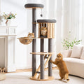 HITTITE Solid Wood Cat Tree Tower with Scratching Post, 61 Inches Tall Cat Towers with Capsule and Condo, Modern Cat Tower with Climbing Ladder and Removable Top Bed for Indoor Cats.Grey