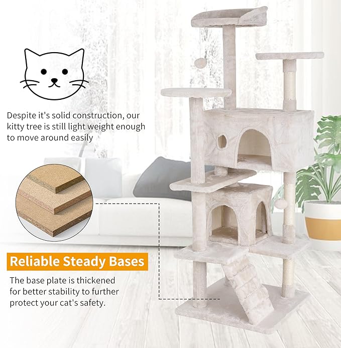 BLKMTY Cat Tree 54" Tall Cats Tower Large Cat Condo Climber Cats Climbing Stand with Top Perches Playhouse and Climbing Ladder Kitty Activity Tree w/Scratching Post Toys, Beige