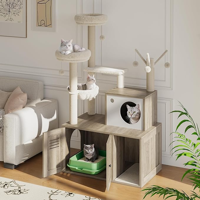 3-in-1 Cat Tree & Litter Box Enclosure - Space-Saving 55'' Tall Cat Tower with Scratching Posts, Hammock & Hidden Washroom Cabinet (Rustic Grey)