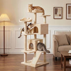 52.5in Cat Tree, Multi-Level Cat Tower with Spacious Kitten-Ear Perch, 2 Cozy Caves, Scratching Posts, Climbing Ladder, Durable Pet House Furniture for Indoor Kittens,Beige