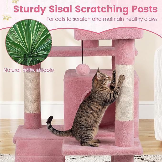 PETSITE 52-inch Cat Tree, Multi-Level Cat Tower with Sisal Scratching Posts, 2 Comfy Condos, Plush Padded Soft Top Perch, Dangling Balls, and Climbing Ladder, Ideal for Indoor Cats (Pink)