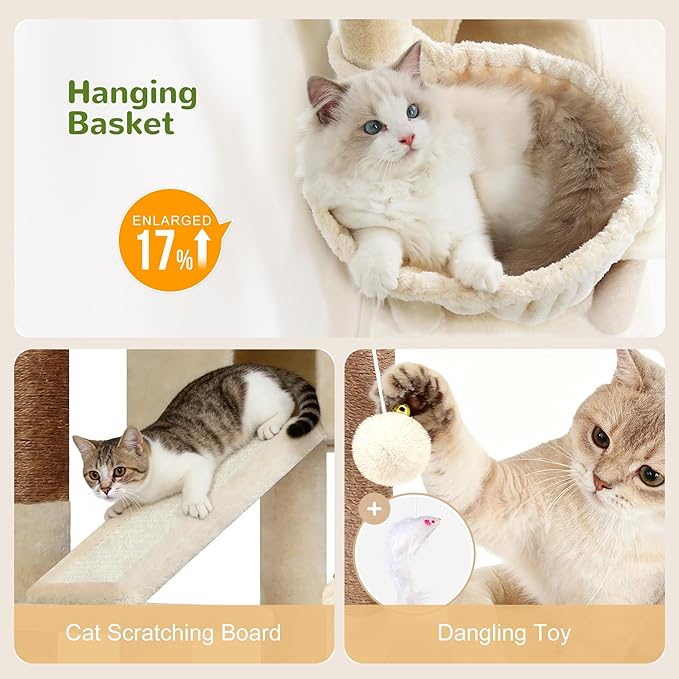 Globlazer Extra Thick Scratching Posts Tower Sturdy 50-inch Corner Cat Tree Tower for Indoor Cats, Cat Tower for Adult Cats with Scratching Board, Kitty Condo, Basket, S50, Beige