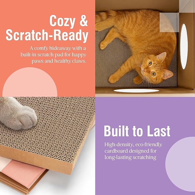 Cardboard Cat House with Scratch Pad – Durable Eco-Friendly Hideaway, Easy Assembly, Stylish Plum Checkered Design, Indoor Cat Furniture