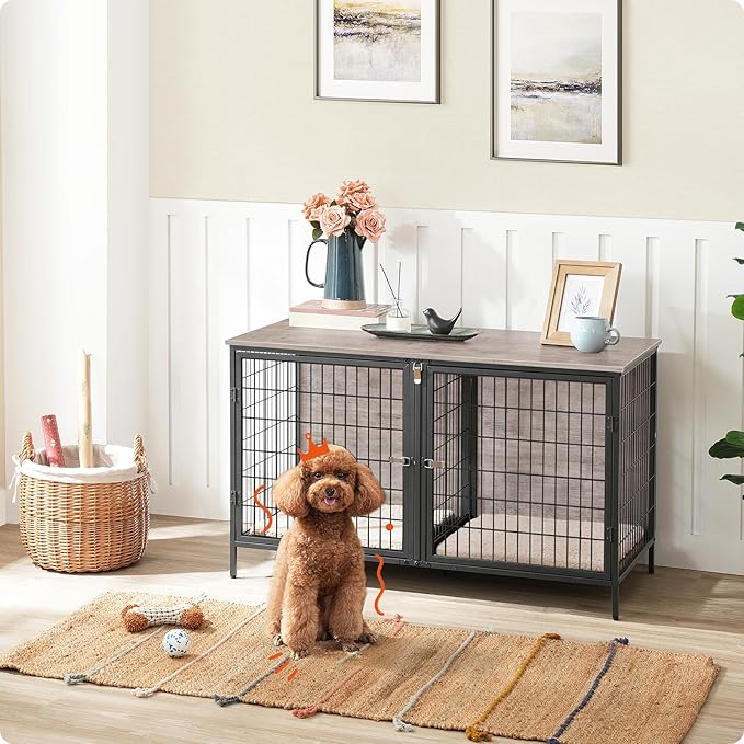 Dog Crate Furniture for 2 Dogs, 43.3" Dog Kennel with Removable Divider, Heavy Sturdy Dog Furniture Style Double Cage for Small Medium Dog, Indoor Pet House End Table, Greige DCHG1201