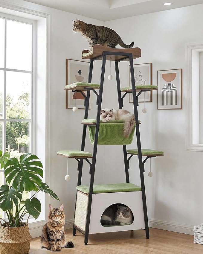 74-Inch Modern Cat Tree Tower for Large Cats, Multi-Level Cat Tower with Scratching Board, Large Perch, Hammock, Removable Pads, Green