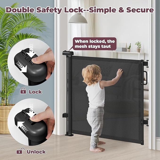 Retractable Baby Gates 2 Pack, 55" Wide Mesh Dog Gate Indoor, 34" Tall Gate for Stairs Doorways Hallways Deck, Child Pet Safety Gate for Indoor Outdoor Home Use, Black
