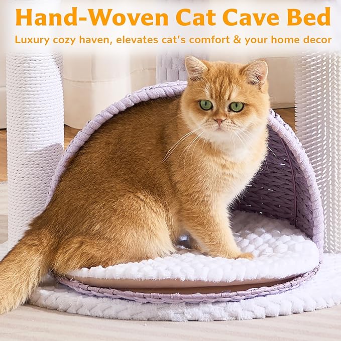 Modern Cat Tree Tower for Large Cat with Scratching Post for Indoor, 46 inch Multi-Level Cat Tower with Handwoven Beds, Cat Cave, Dangling Balls