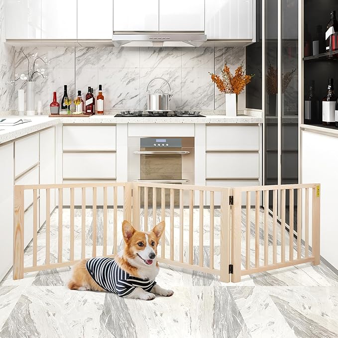 COZIWOW Freestanding Wooden Dog Gate - Indoor Pet Gate with Walk-Through Door, Adjustable and Portable Dog Barrier for Small to Medium Dogs, No Drilling Required, Stylish Wooden Finish,Natural