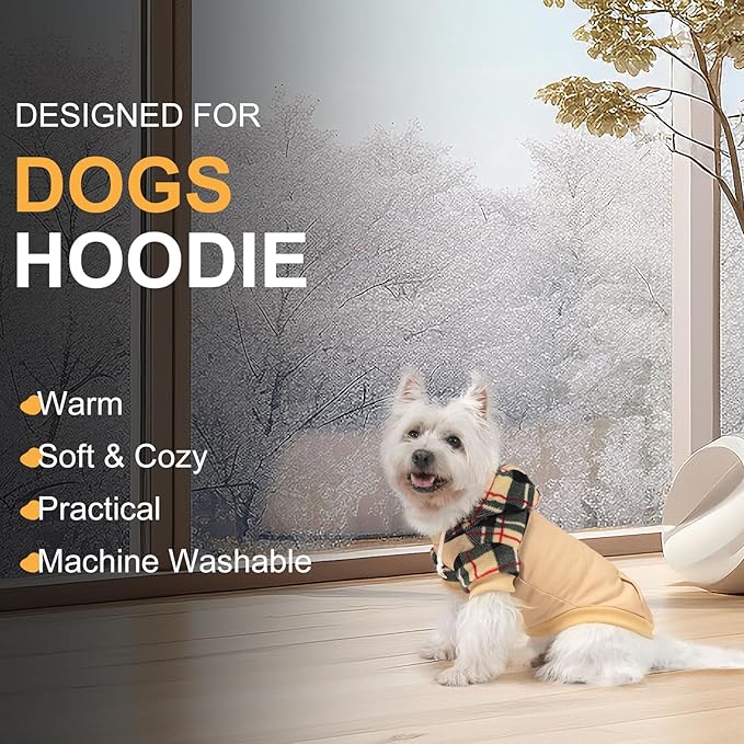 Dog Hoodie for Small Medium Large Dogs, Fleece Plaid Pet Hooded Clothes Sweater with Hat & Pocket for Cold Weather Winter,Warm Soft Pullover Sweatshirt Coat Outfit for Puppy Girls Boys Beige M