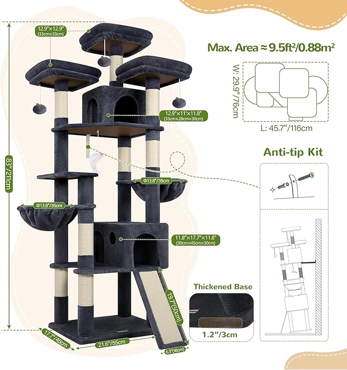 Globlazer 83'' Multi-Level Large Cat Tree Tower for Indoor Cats with Sisal Scratching Post, Hammock & 2 Condos, F83D, Dark Gray
