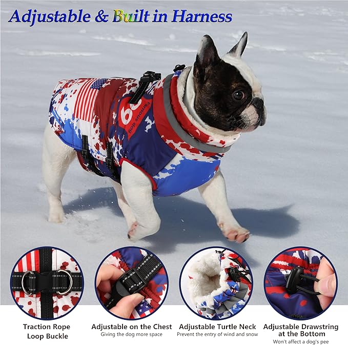Dogcheer Dog Winter Coat, American Flag Dog Jacket with Harness, Adjustable Puppy Coat with Zipper, Waterproof Pet Fleece Jacket Snowsuit for Small Medium Large Dogs - US Flag L
